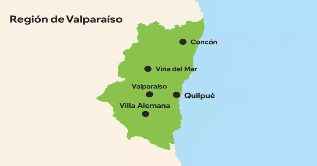 Mapa de la Región de Valparaíso destacando Valparaíso, Viña del Mar, Quilpué, Villa Alemana y Concón como zonas de cobertura para certificación TC6 de instalaciones de gas.