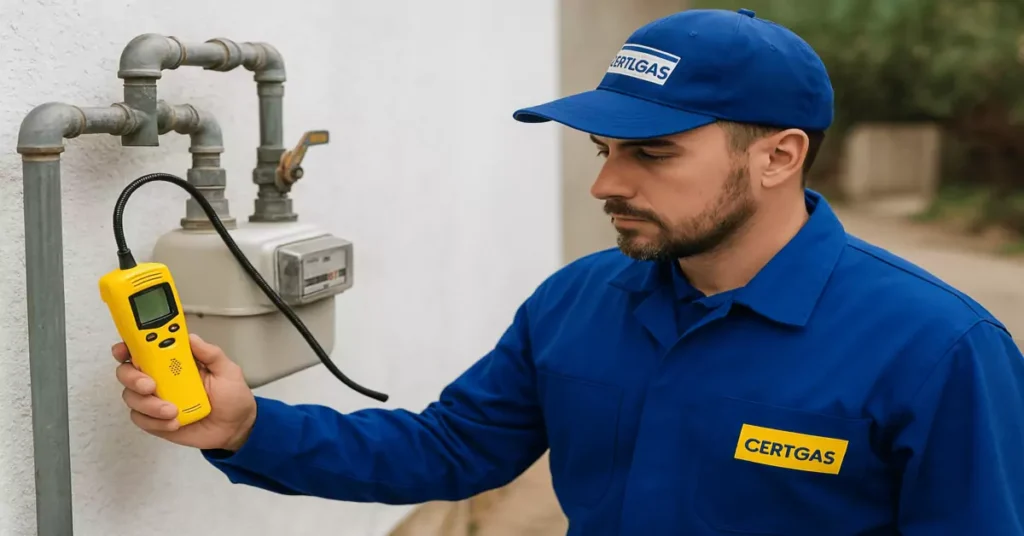 Técnico autorizado Certgas inspeccionando instalación de gas para certificación TC6 en la Región de Coquimbo, cumpliendo normativa SEC.