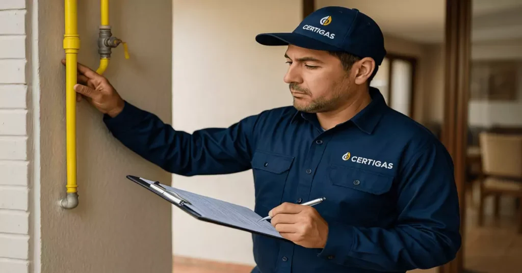 Técnico Certgas realizando inspección de gas en vivienda de Antofagasta con carpeta de checklist para certificado TC6 SEC.